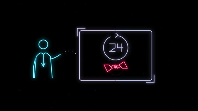 Business person presenting a glowing neon twenty four hour service sign on a dark background representing constant availability and professional customer support concept 4k Motion Video