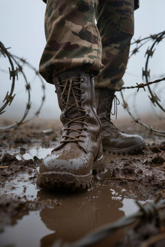 Mud-covered military combat boots standing on wet uneven ground between tangled coils of barbed wire in a foggy, desolate landscape.