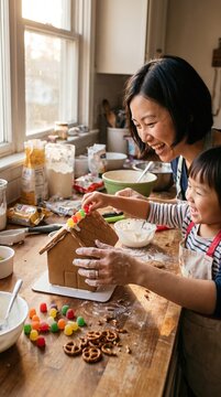 Asian mother and child laughing while placing gumdrops on a gingerbread house roof in a sunlit kitchen during a festive holiday baking session with flour and pretzels on the wooden table.