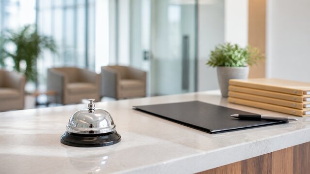 Reception service desk with call bell and blank folders