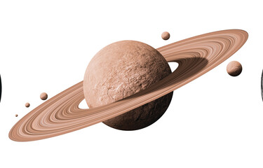 Realistic detailed Saturn planet with majestic rings and moons isolated on white background. Astronomy and science education concept for space research. © Barca