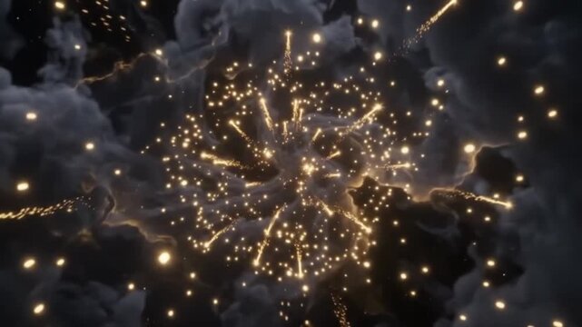 Golden Glowing Network Constellation with Cosmic Sparkles and Ethereal Light Rays
