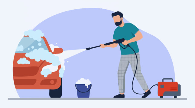 Man washing a red car with a pressure washer, vector illustration
