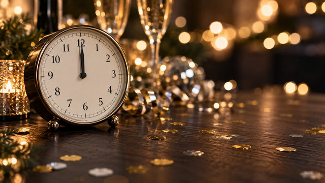 Analog clock at midnight with festive lights