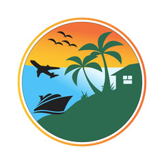 Tropical island sunset and palm trees round badge logo vector illustration with travel theme. © Shafiqul Islam