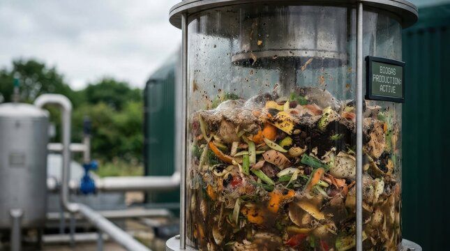 Organic Recycling: Food waste being processed to generate biogas at an eco industrial site 