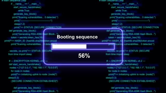 Dynamic digital booting sequence progress bar overlay with scrolling cyber security source code background, for high-tech software, development, artificial intelligence, systems, and advanced network