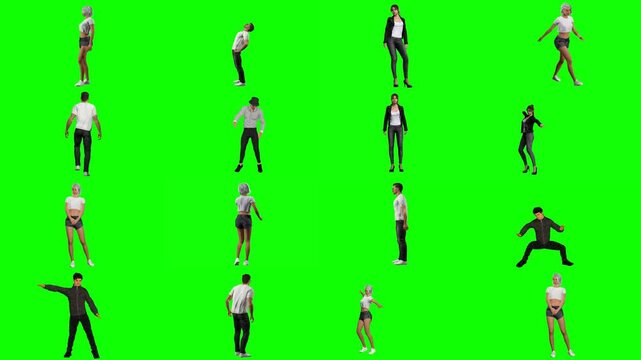 Tactical 3D humans performing low ground crawling and stealth prone movements across a bright green chroma cyclorama, supplying game creators and movie directors realistic action animations.