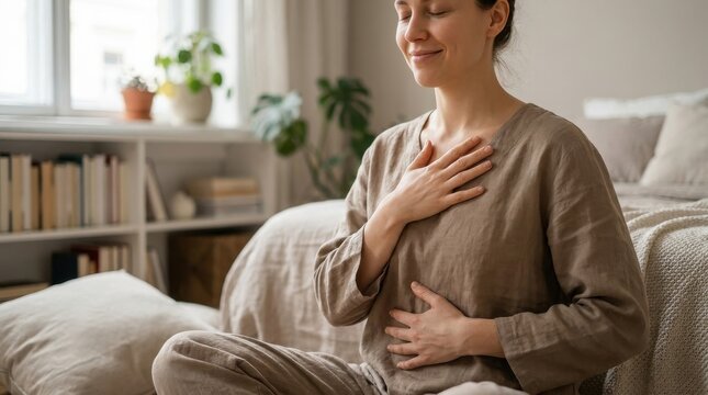 Calmness Concept: Person practicing controlled breathing in a quiet room 