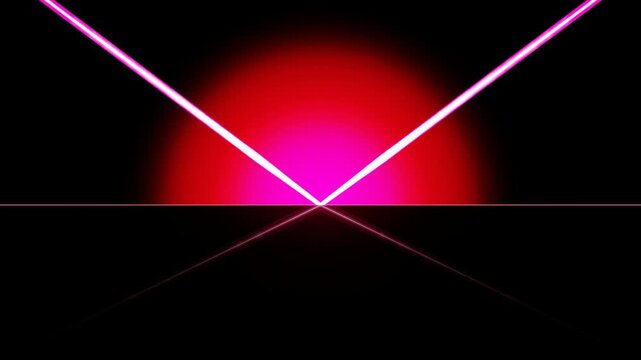 Bright pink laser beam reflecting on a flat dark surface creating a sharp v shape light effect with a glowing red background in a modern abstract dark digital environment 4k Motion Video
