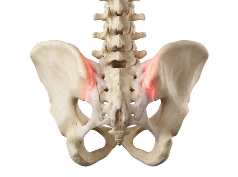 Human pelvic girdle anatomy showing sacrum and lumbar spine isolated on transparent background