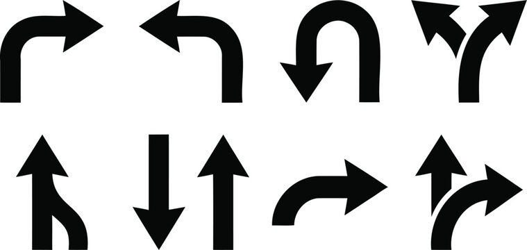 Road navigation arrows set featuring black traffic directional symbols for city planning and street signage design.