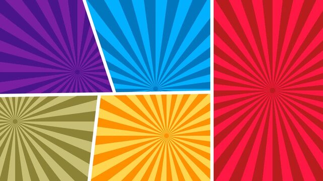 Set of colorful comic book style background templates with radial sunburst rays in pop art design