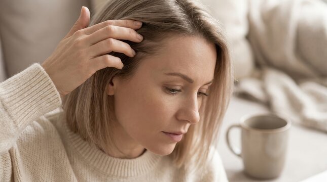 Hair Loss Awareness: Woman checking thinning hair in a home interior 