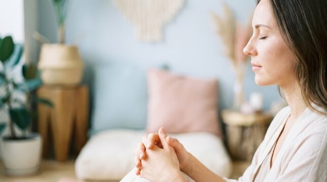 Mindfulness Concept: Woman meditating quietly in a wellness space 