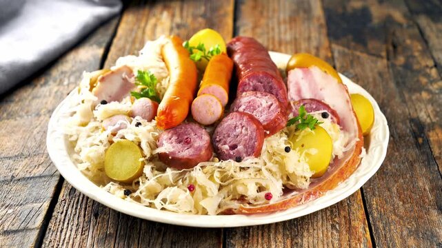 traditional alsatian sauerkraut with sausages pork and potatoes on rustic wooden table