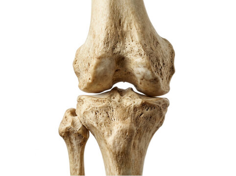 Close-up of human knee joint bones showing femur and tibia cutout on transparent