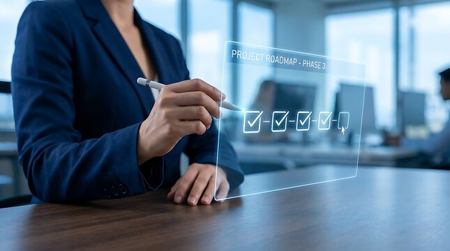 A businesswoman uses a stylus to check boxes on a digital project roadmap interface. Strategic planning and milestone management concept for corporate teams.