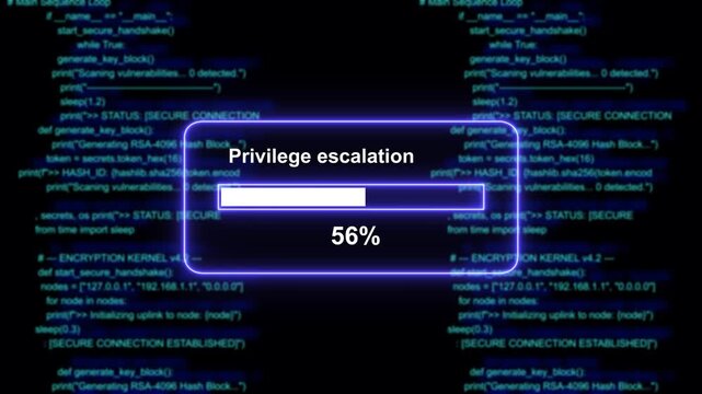 Cybersecurity privilege escalation progress bar overlay on digital source code background, representing unauthorized network, access, system breach, hacking attempt, data, theft, and advanced software