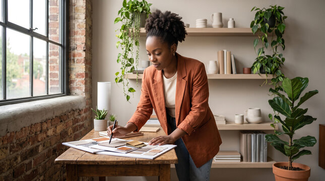 Black female entrepreneur working confidently inside a contemporary creative studio, reviewing project materials on a desk, Black Consciousness Day