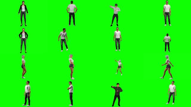 Dynamic 3D avatars captured leaping high, jumping in mid-air, and falling freely against keyable green backdrop, ready for high adrenaline action sequences, superhero films, and video games.
