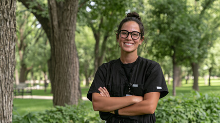 Obraz premium Happy young woman in nurse uniform standing in the public park with trees