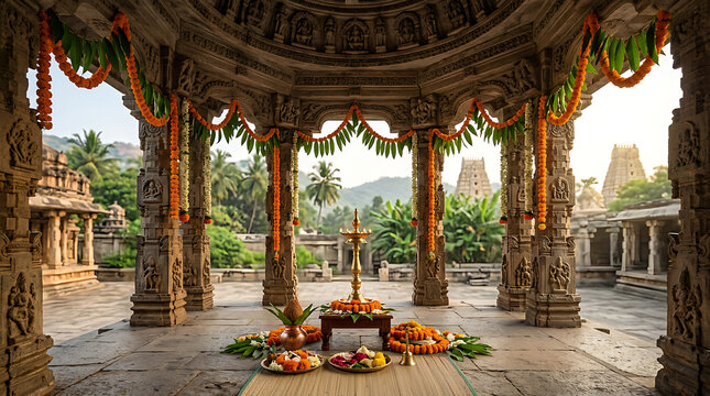 Intricate ancient temple pavilion adorned with festive decorations and lush tropical surroundings showcasing historical