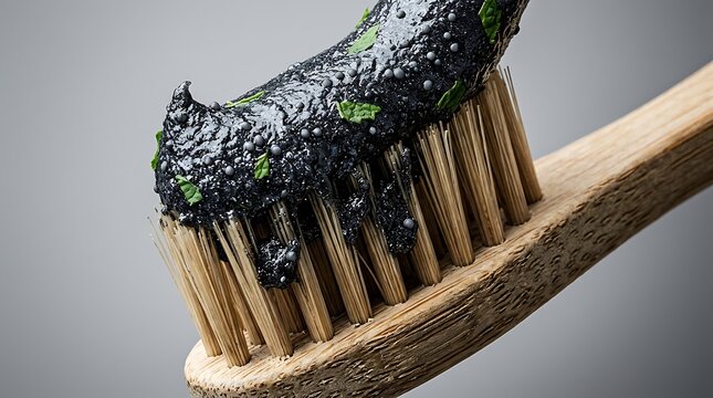 Bamboo toothbrush with black charcoal toothpaste and mint leaves