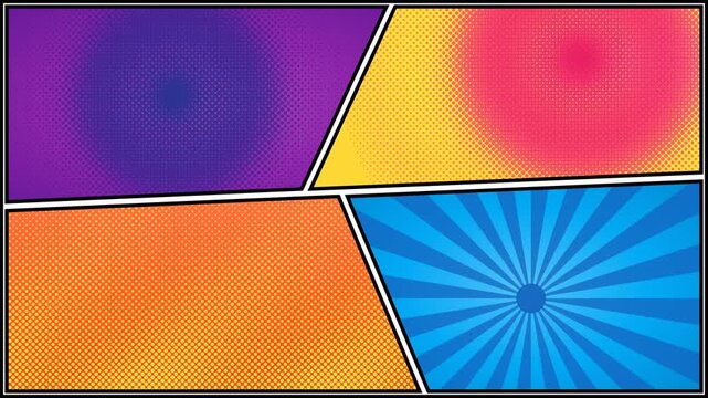 Comic Book Strip Template with Colorful Halftone Panels and Sunburst Background