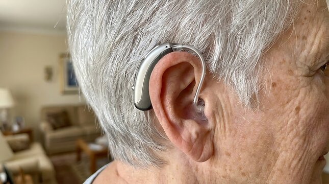 Senior woman wearing a modern behindtheear hearing aid