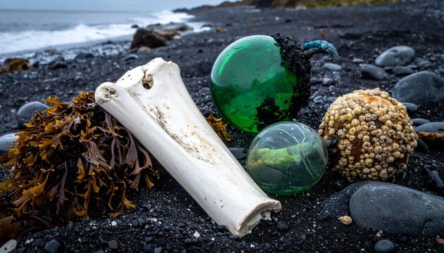 Beachcombing finds on black volcanic sand, green glass fishing floats, whale bone and seaweed