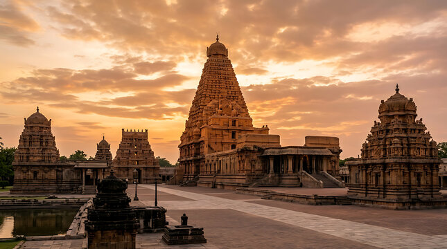 Sunset over an ancient Indian temple complex showcasing intricate stone architecture and serene surroundings with a warm glowing