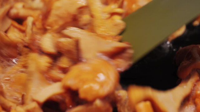 Fresh chanterelle mushrooms are fried in a pan. Chanterelles are among the most prized mushrooms in culinary circles. High quality 4k footage. High quality 4k footage