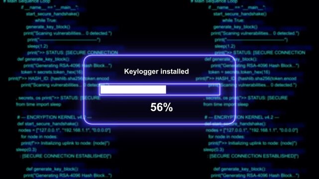 Cybersecurity threat simulation featuring a malicious keylogger installation progress bar overlaid on scrolling blue programming code and encryption kernel scripts for advanced network security