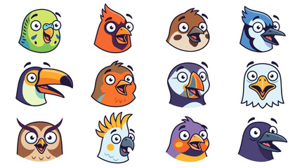 Obraz premium Set of funny cartoon bird character face avatars.