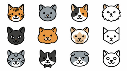 Fototapeta premium Set of cute cat face icons with various breeds and styles.