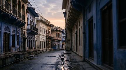 Fototapeta premium Serene empty street in historic old town with charming traditional architecture during sunset casting warm glow on abandoned