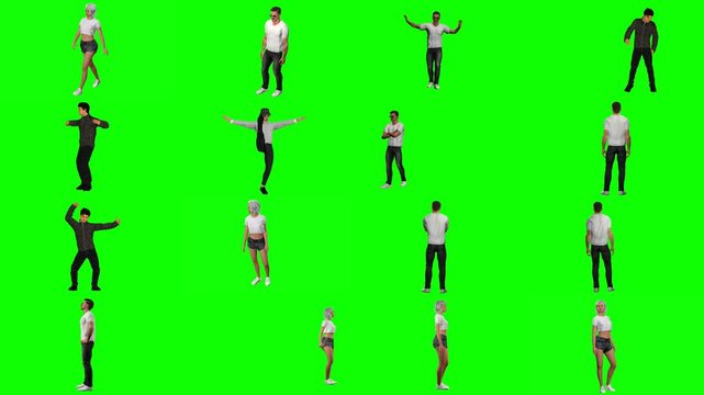 A comprehensive bundle of 3D people showcasing outstretched arm poses, open body stances, and casual turns against a keyable green canvas, optimal for CGI rig reference and scene compositing.