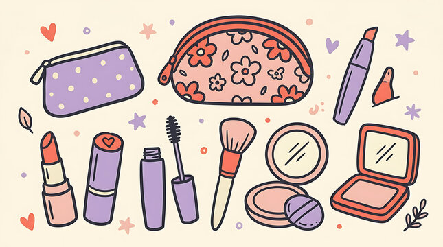 Collection of hand drawn makeup accessories and cosmetic pouches in pastel