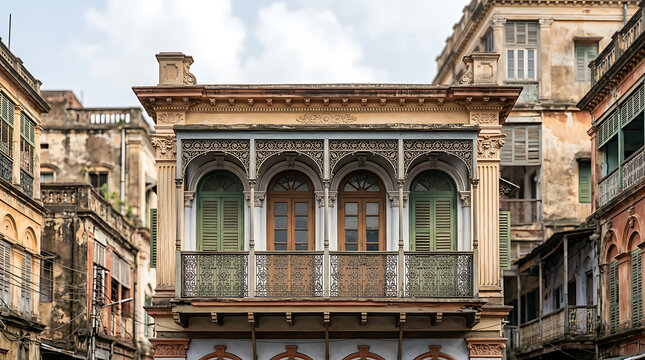 Vintage Mediterranean Building Facade with ornate balcony and arched windows capturing historic architectural elegance and