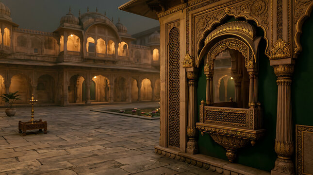 Intricate Indian palace courtyard illuminated with warm lighting showcasing stunning traditional architectural details and