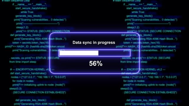 Dynamic data sync progress bar overlaying scrolling cyber security programming code for advanced software development, network infrastructure monitoring, cloud computing analytics, and digital