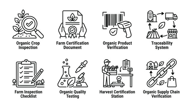 Organic Farming and Certification Icons: A collection of line icons illustrating organic crop inspection, farm certification, product verification, traceability, inspection checklist, quality testing.