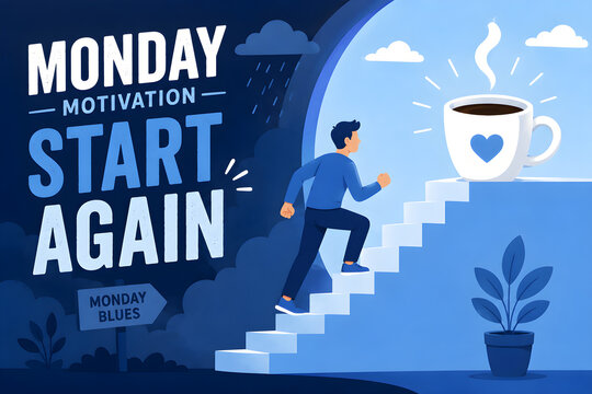 Person climbing stairs toward a bright coffee cup, symbolizing Monday motivation and new beginnings with a modern blue vector design and &ldquo;START AGAIN&rdquo; typography.
