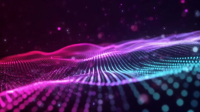 Abstract digital data wave landscape consisting of glowing pink and blue particle points creating a flowing mesh network effect