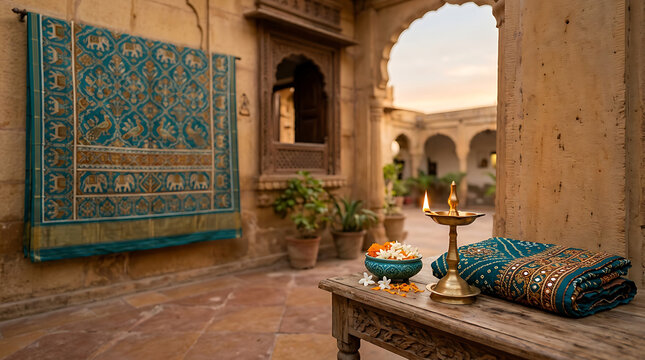 Serene courtyard scene with traditional decorative elements and warm sunset lighting evoking tranquility and cultural charm