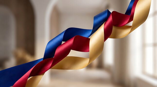 Colorful twisted ribbons with red blue and gold shades creating a vibrant decorative element in an elegant interior setting