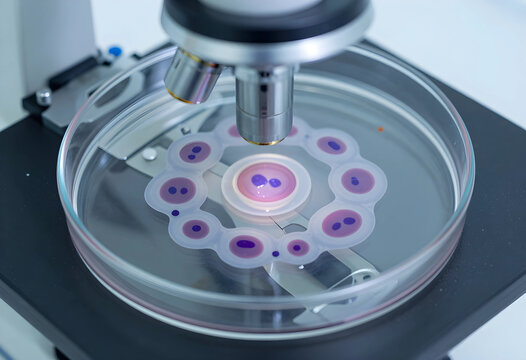 Infertility treatment and reproductive medicine, embryo development in petri dish under laboratory microscope for ivf procedure and fertility clinic research