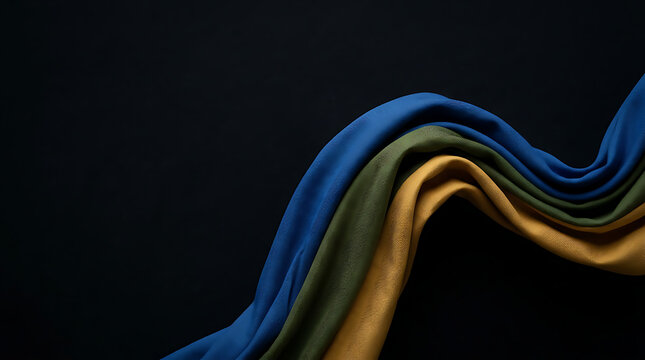 Elegant draped fabric in vibrant blue, olive green, and mustard yellow on dark background showcasing texture and fluidity for