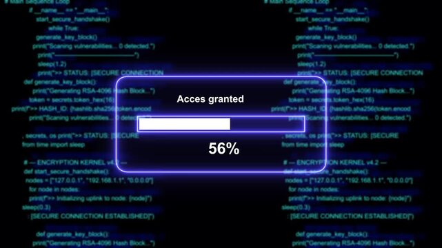 Cybersecurity data breach access granted progress bar animation over abstract blue programming code background, for advanced technology, software development, network, security, and digital hacking